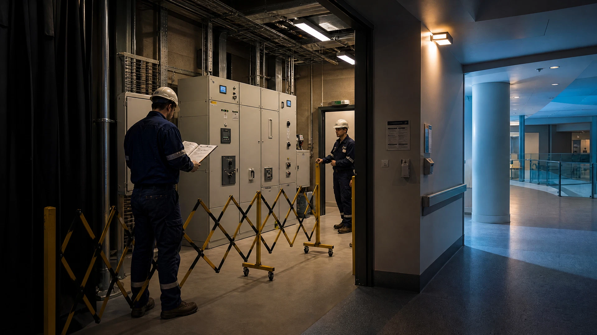Staged switchboard and emergency-power interface works in a health facility